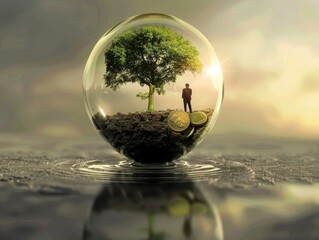 A man stands in a glass orb containing a small tree and coins, reflecting on a watery surface.  The image suggests environmental awareness and the value of nature.