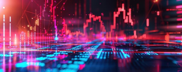 Obraz premium Vibrant digital landscape showcasing dynamic data trends and futuristic technology. Ideal for tech and finance themes.