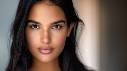 Obraz premium A woman with dark hair and a tan complexion. She has a nice smile and is looking directly at the camera