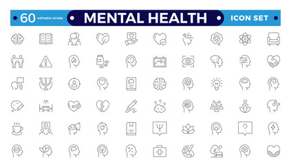 Mental health icon set. Containing depression, bipolar, PTSD, panic, and mind disorder icons. Psychology outline symbol vector illustration. Editable stroke outline icon.
