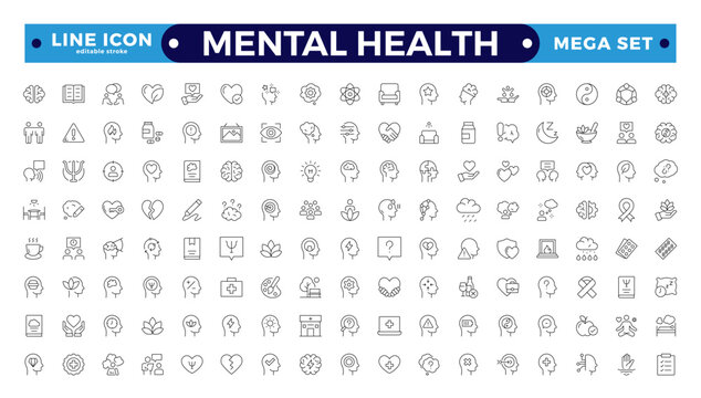 Mental health icon set. Containing depression, bipolar, PTSD, panic and mind disorder icons. Psychology outline symbol vector illustration.