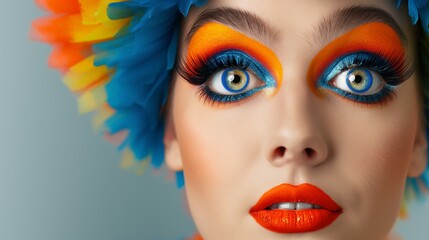 A woman with bright orange and blue makeup on her face. She has a blue and yellow headband
