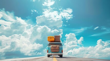 A vintage van drives down a road with luggage on the roof, under a bright blue sky with fluffy white clouds.