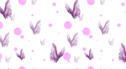 Seamless Pattern of Lilac Beautiful Butterflies and Spots. Watercolor Illustration on White Background. For Wallpaper, Wrapping Paper, Postcards, Blogs, Websites, Stationery, Textiles.