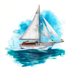 Fototapeta premium A sailboat with its sails fully unfurled, depicted in a watercolor style against a white background.