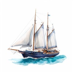 Obraz premium A sailboat with its sails fully unfurled, depicted in a watercolor style against a white background.