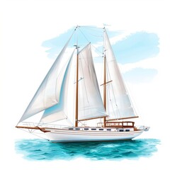 Fototapeta premium A sailboat with its sails fully unfurled, depicted in a watercolor style against a white background.
