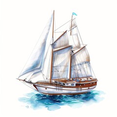 Obraz premium A sailboat with its sails fully unfurled, depicted in a watercolor style against a white background.