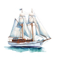A sailboat with its sails fully unfurled, depicted in a watercolor style against a white background.