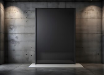 Empty concrete interior with clean black mock up banner on wall. Gallery and exhibition hall concept. 3D Rendering
