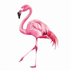 Obraz premium A flamingo standing on one leg, illustrated in a watercolor style against a white background.