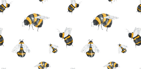 Seamless Pattern of Fluffy Bees and Bumblebees. Cute Children's Watercolor Illustration. For Wrapping Paper, Cards, Websites, Blogs, Textiles.