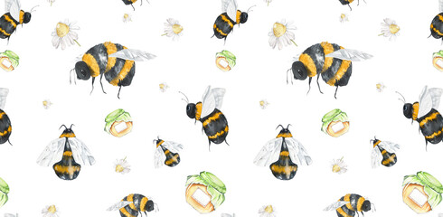 Seamless Pattern of Fluffy Bees and Bumblebees. Chamomile, Jar of Honey. Cute Children's Watercolor Illustration. For Wrapping Paper, Cards, Websites, Blogs, Textiles.