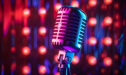 Microphone with illuminated vibrant neon lights on a dark background, generative ai