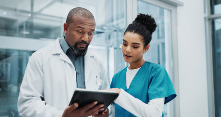 Surgeon, teamwork or doctors with tablet, results or people reading health treatment in hospital....