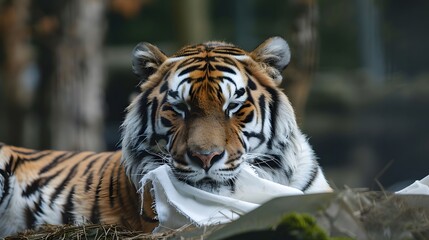 Fototapeta premium Tiger Holding White Flag: A fierce tiger lying down, gently holding a white flag with its mouth. 