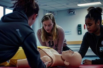 Three students in a first aid training class.