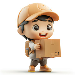 3d character delivery man holding box with white isolated background