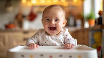 A baby sitting in a high chair, smiling and looking at the camera. AI.