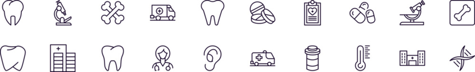 Medicine and healthcare vector outline icons drawn with black thin line. Editable stroke. Simple linear illustration that can be used as a design element for apps and websites