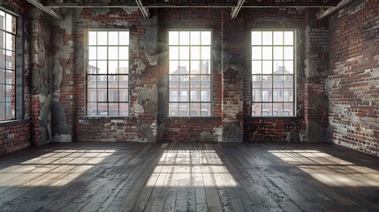 Empty industrial loft with natural light, large windows and a distressed brick wall for a rustic feel
