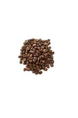 Closeup of a pile of organic whole roasted coffee beans isolated on a transparent background from above, top view, shadow, png