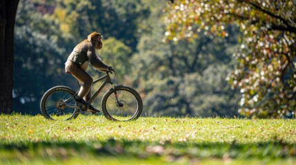 A monkey rides a bicycle on a grassy path. AI.