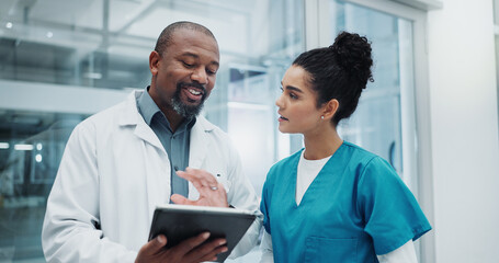 Surgeon, results or doctors with tablet, planning or people reading health treatment in hospital....