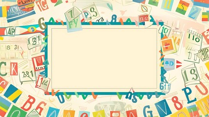 Naklejka premium a back to school background with an empty text space in the center, bordered by a variety of languages' alphabets and numbers, set against a background of subtle world flags.