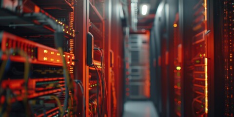 A close up of a server room with rows of servers. AI.