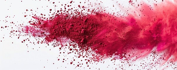 Swirling burst of red Holi powder mid-air, forming intricate patterns against a white background, ideal for industrial prints.
