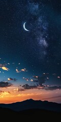 Naklejka premium An ethereal night sky filled with stars and a glowing moon, with wisps of clouds and the silhouette of a lone mountain in the distance
