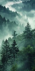 A mystical forest scene with towering trees and a blanket of fog, the air filled with the scent of pine and the sound of rustling leaves