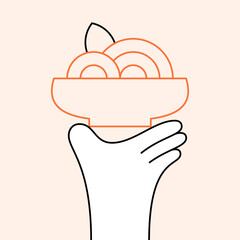 Pasta plate in hand illustration. Modern spaghetti background. Vector noodle bowl and ramen design concept. Creative thin line art for italian, asian, chinese, japanese restaurant, cafe