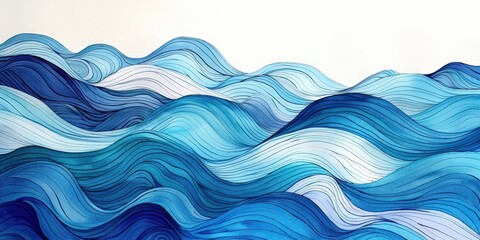 Fototapeta premium A hand-drawn drawing of blue ocean waves on white background