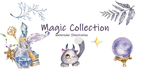 Set - Composition Halloween. Bottle with Sparkling Potion, Amulets, Books, Feathers, Cat, Magic Ball, Twigs. Watercolor illustration. For Websites, Benefits, Postcards, Gift Wrapping, Invitations