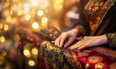 A close-up of hands resting on a patterned fabric with warm lights in the background. AI.
