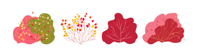 Set of autumn plants folk. Pink, burgundy and green bushes Bush with yellow and red leaves and red berries on a white background. Hand drawn. Isolated Flat vector