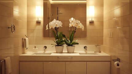 a luxury bathroom featuring a double sink vanity in white quartz, accompanied by a pair of matching potted orchids, set against a backdrop of soft beige tiles. Elegant sconces provide warm lighting.