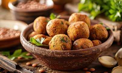Crispy fried balls in a bowl. AI.