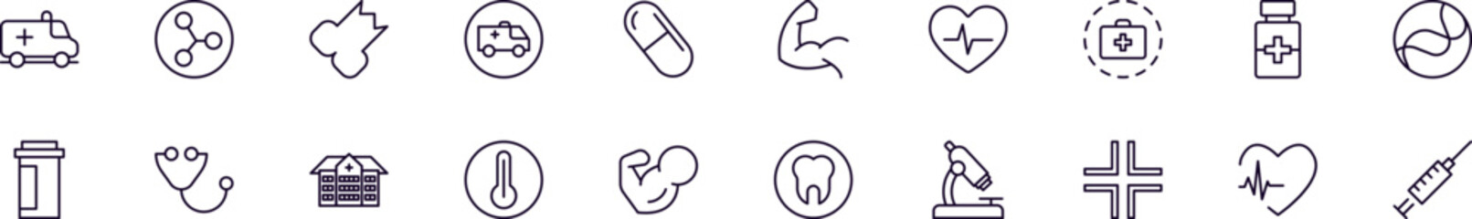 Medicine and healthcare linear symbols pack. Outline symbol and editable stroke for apps, stores, shops, infographics