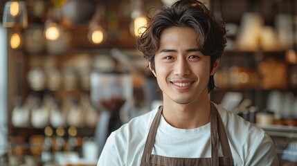 Fototapeta premium A grinning Asian male server wearing an apron works in a caf√©, holding a digital device and gazing at blank area on a white backdrop, representing a small entrepreneurial venture.