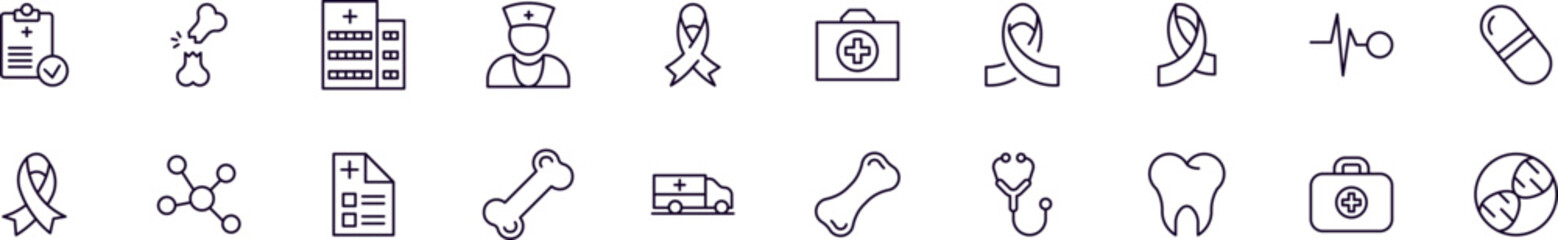 Medicine and healthcare linear symbols bundle. Vector collection for web sites, newspapers, apps, infographics