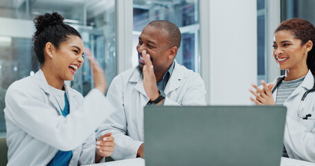 Success, laptop results or doctors high five for good news or surgeon to celebrate health progress....