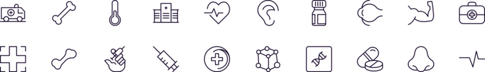 Set of vector outline symbols of medicine and healthcare. Line icon perfect for web sites, newspapers, articles, book