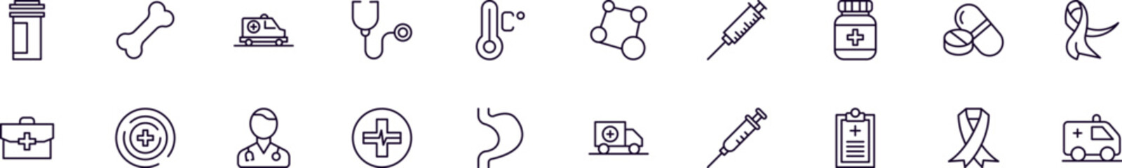 Medicine and healthcare vector symbols drawn with black thin line. Editable stroke. Simple linear illustration that can be used as a design element for apps and websites