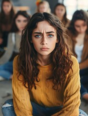 Obraz premium Distraught female attending therapy group.