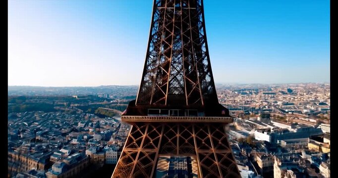 Aerial Drone Video of the Eiffel Tower in Paris on a Clear Day, Showcasing the Iconic Landmark and Surrounding Cityscape from a High Vantage Point