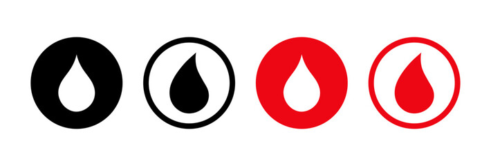 Blood drop icon set red and black color. Blood drop sign symbol. Donor concept. Flat design. Medical symbol. Blood drop logotype icon set.