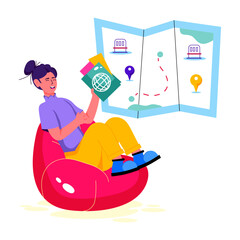 A flat style character illustration of travel map 
